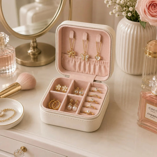 Travel Jewelry Organizer Box Portable PU Leather Ring & Earring Storage Case